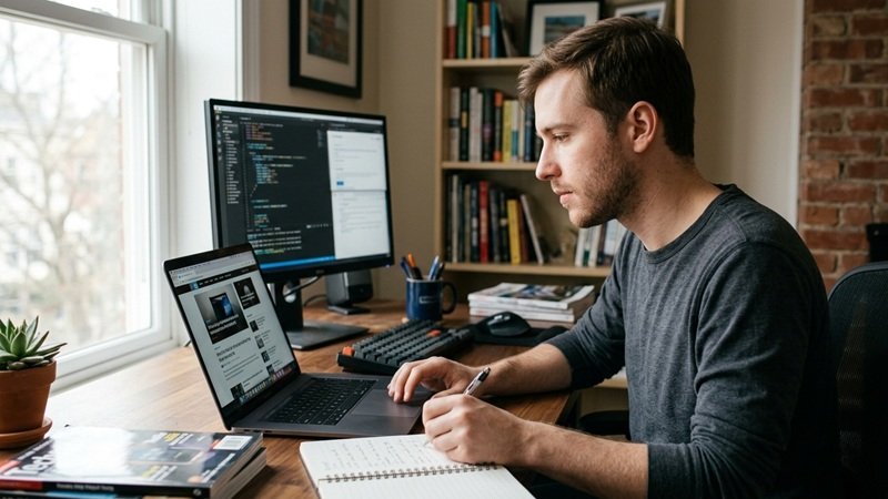 Technology researcher reviewing FeedBuzzard Tech news on laptop while analyzing code on dual monitors