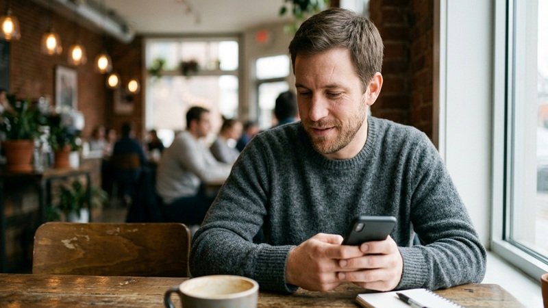 Man in a gray sweater reading feedworldtech world techie news by feedbuzzard on his phone in a café