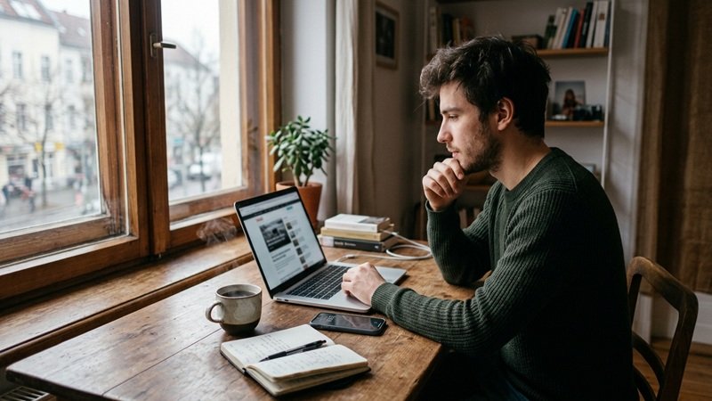Man reading tech news feedworldtech on a laptop at a wooden desk near a window